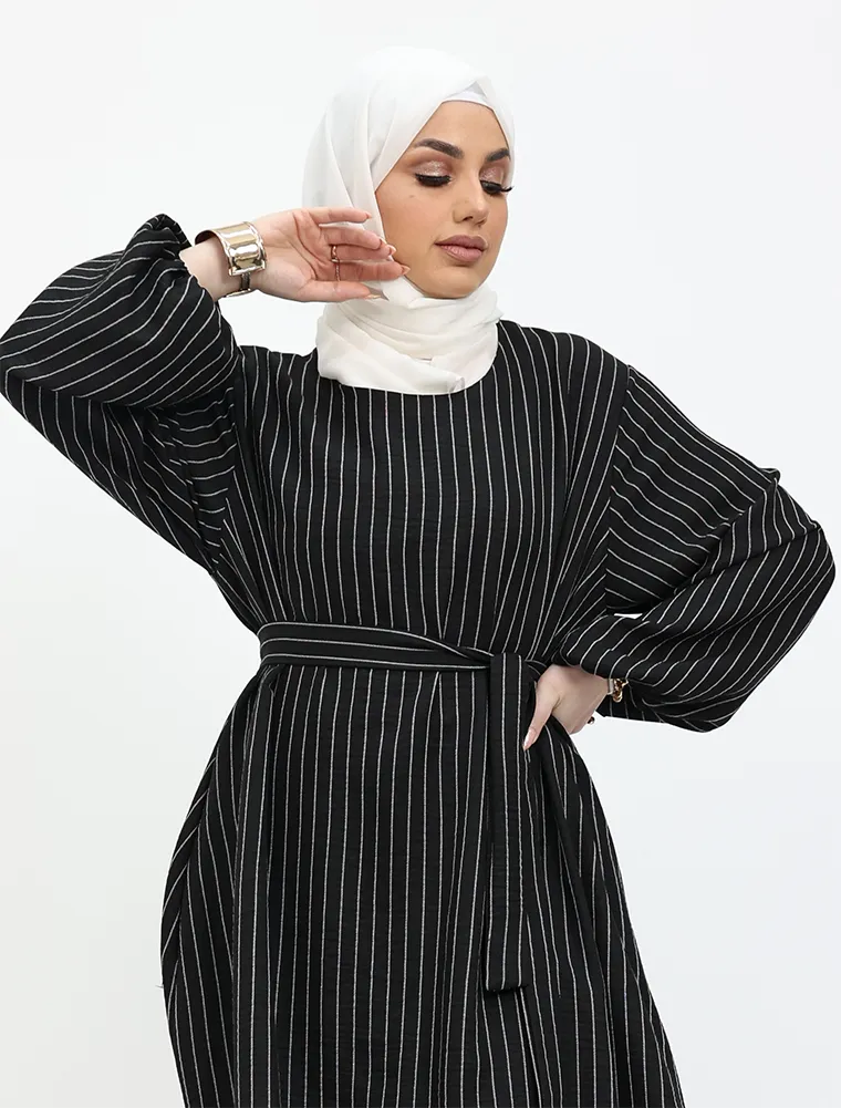 Black Stripe Linen Feel Essential Abaya